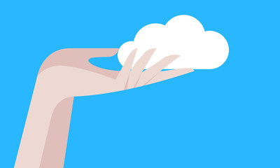 Hand holding cloud. Cloud technology and networking concept. Web cloud technology business. Internet data services. Cloud in female hand. Flat vector illustration