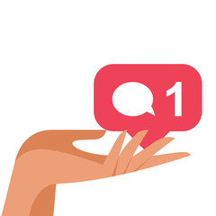 Red comment icon in female hand. Instagram. Social media. Social network. Notification icon. Flat vector illustration