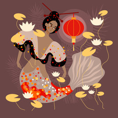 Chinese mermaid. Koi fish. Lotus flowers. Red paper lantern. Chinese traditional art. Vector illustration for your design.