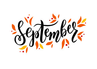 September text. Lettering typography. Vector illustration as poster, postcard, greeting card, invitation template. Concept September advertising