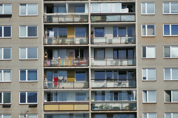 Detail of large panel concrete system-building with flats and balcony, common in Eastern Europe