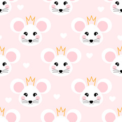 Seamless pattern with white mouse with crown for kids holidays. Cute baby shower vector background. Child style mousy. Christmas, New year pattern with cute mice. Mouse. 2020 Winter background