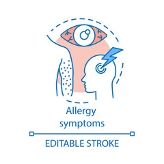 Allergy symptoms concept icon. Organism reactions to allergens idea thin line illustration. Skin rash, hives, allergic conjunctivitis, migraine. Vector isolated outline drawing. Editable stroke