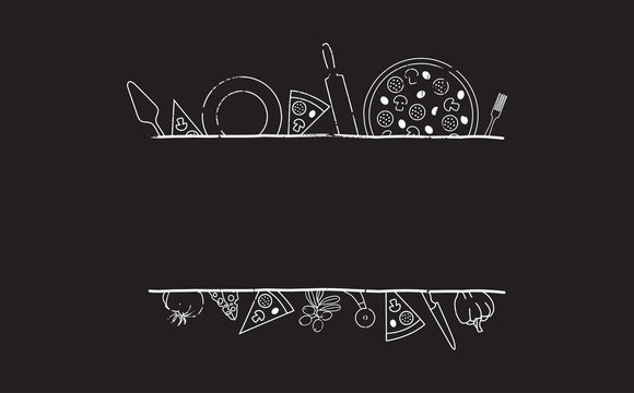 Pizza background for menu, cards, blogs, banners. Hand Drawn template for your text inside. Pizzeria frame for design works. Vector illustration.
