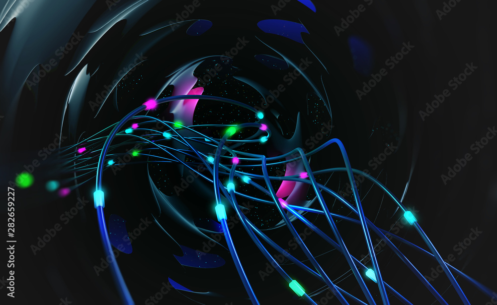 Aufkleber fiber optic, database and orbital station. 3d illustration of global digital technologies of the fut