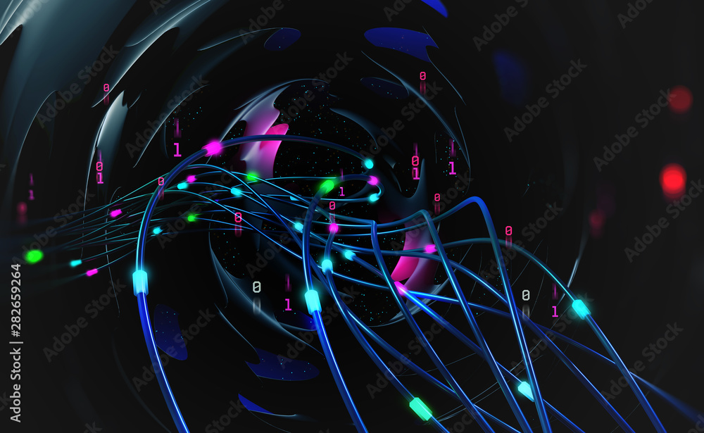 Aufkleber fiber optic, database and orbital station. 3d illustration of global digital technologies of the fut