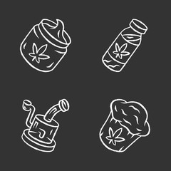 Weed products chalk icons set. CBD drink and cream. Glass rig. Ganja cupcake. Marijuana legalization. Hemp distribution and sale. Cannabis industry. Isolated vector chalkboard illustrations
