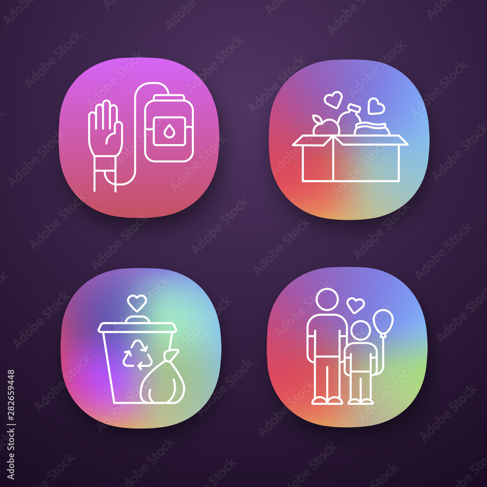 Poster volunteering app icons set. altruistic activity. blood and food donation, orphans care, garbage disp