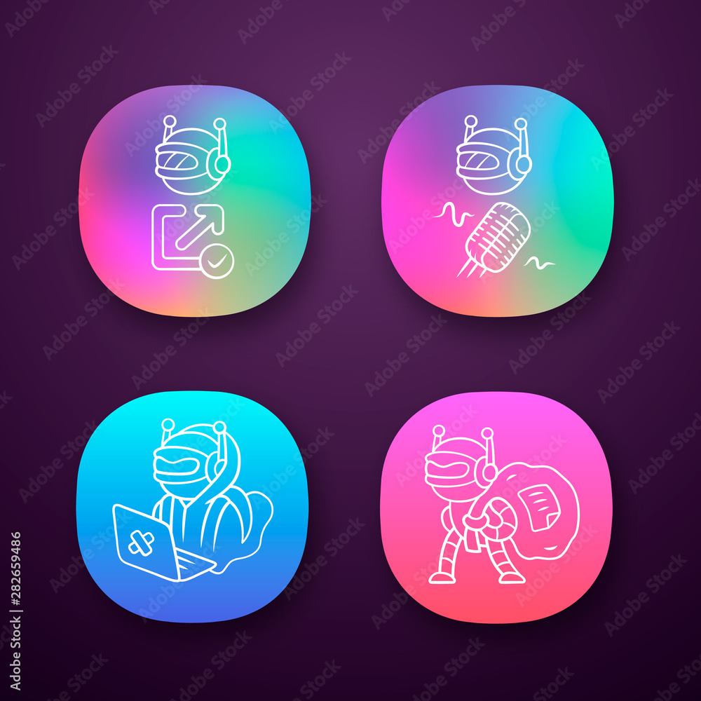 Poster bot types app icons set. hacker, backlink checker, scraper bots. malicious robot. artificial intelli