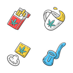 Weed products color icons set. CBD cigarettes and condom. Glass bubbler, ganja tea. Marijuana legalization. Hemp distribution and sale. Cannabis industry. Isolated vector illustrations