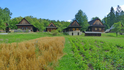 Fototapeta na wymiar Historical wooden farm houses, Wallachian Open Air Museum, Roznov pod Radhostem, Czech Republic