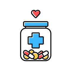 Medical aid color icon. Nursing service. Medical volunteering. Course of treatment. Can with different pills. Bottle with drugs, heart. Medicine prescribed by doctor. Isolated vector illustration