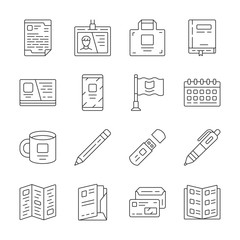 Office equipment linear icons set. Business tools thin line contour symbols. Company worker, businessman accessories isolated vector outline illustrations. Notebook, employee badge. Editable stroke