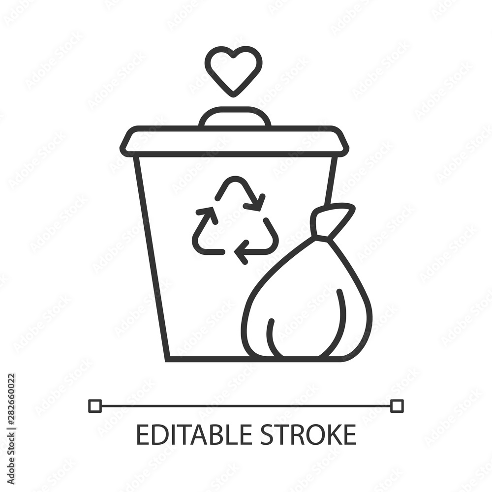 Poster garbage disposal linear icon. waste management volunteer program. help sorting litter. trash collect