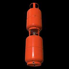 Gas cylinder lpg tank gas-bottle. Propane gas-cylinder balloon. Cylindrical container with liquefied compressed gases with high pressure and valves 3d render on black background