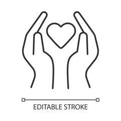 Hands with heart linear icon. Volunteering activity. Nonprofit organization. Charity project. Thin line illustration. Contour symbol. Vector isolated outline drawing. Editable stroke