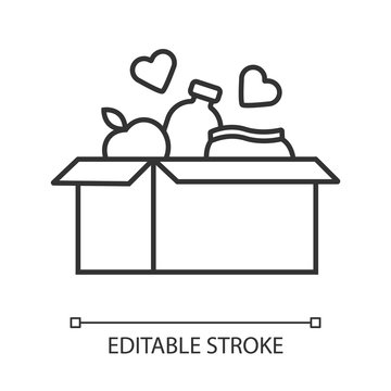 Food donations linear icon. Charity food collection. Box with meal, hearts. Humanitarian volunteer activity. Thin line illustration. Contour symbol. Vector isolated outline drawing. Editable stroke