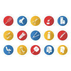 Hair dress flat design long shadow glyph icons set. Professional hairstyling. Hairdresser tools, equipment and services. Barbershop, beauty salon maintenance. Hair care. Vector silhouette illustration