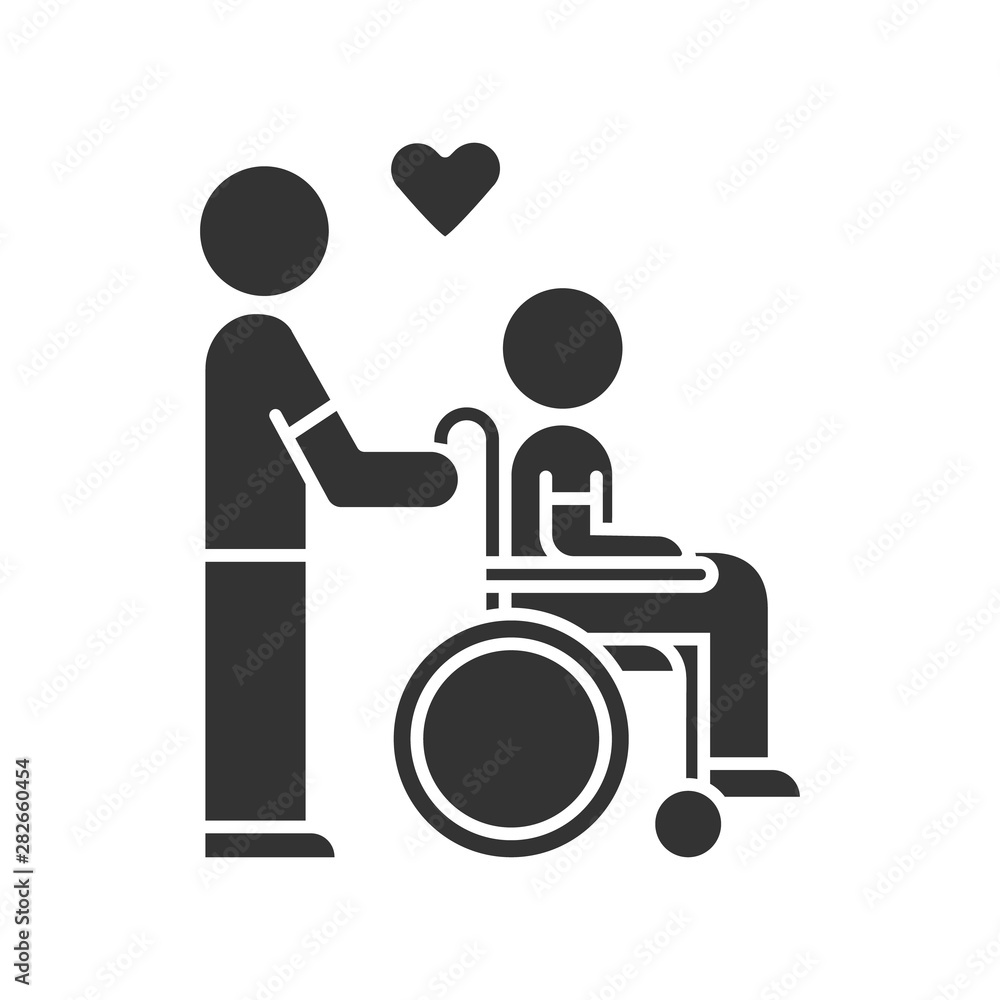 Wall mural Disabled people help glyph icon. Volunteer responsibility for handicapped. Nursing care. Man carries invalid in wheelchair. Silhouette symbol. Negative space. Vector isolated illustration