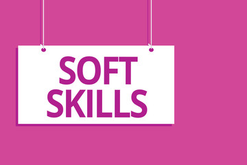 Text sign showing Soft Skills. Conceptual photo personal attribute enable interact effectively with other people Hanging board message communication open close sign purple background