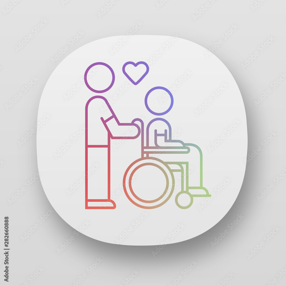 Poster disabled people help app icon. volunteer responsibility for handicapped. man carries invalid in whee