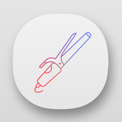 Hair curler app icon. Curling iron. Curling tongs. Creating curls by heating. Hairstyling. Hairstylist accessory. UI/UX user interface. Web or mobile applications. Vector isolated illustrations