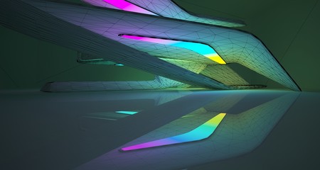 Abstract architectural drawing  interior of a minimalist house with color gradient neon lighting. 3D illustration and rendering.