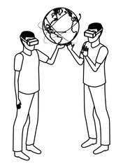 virtual reality technology experience cartoon in black and white