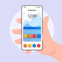 Screenshots taking smartphone interface vector template. Mobile app page color design layout. Camera focus screen. Flat UI for application. Hand holding phone with making screen photo tool on display