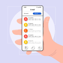Email exchange smartphone interface vector template. Mobile app page color design layout. E-mail management screen. Flat UI for application. Hand holding phone with electronic mail accounts on display