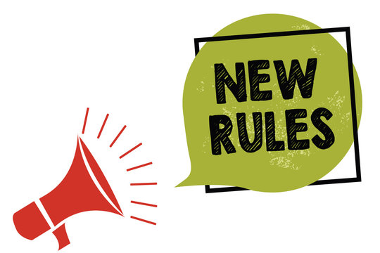 Text sign showing New Rules. Conceptual photo A state of changing an iplemented policy for better upgrade Megaphone loudspeaker speaking loud screaming frame green speech bubble