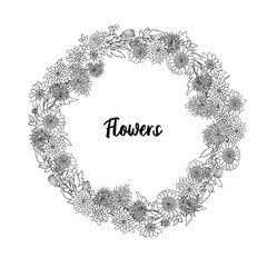 Vector wreath of chrysanthemums and asters. Black and white illustration in sketch style.