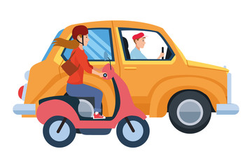 Vehicle and motorcycle with drivers riding