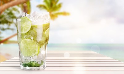 Fresh Mojito cocktail in glass close-up view