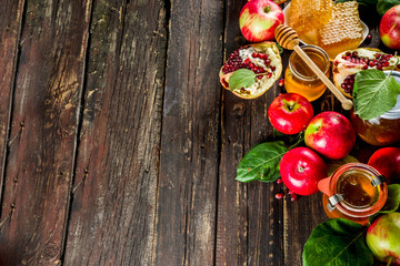 Jewish Autumn Rosh Hashana celebration. Traditional products for the celebration of Rosh Hashanah -...