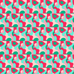 Abstract bright summer background of flowing soft shapes. On a turquoise background, bright abstract shapes - red, pink, green.