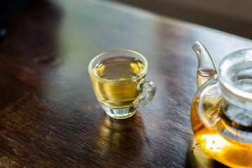hot tea on wood table, a cup of tea