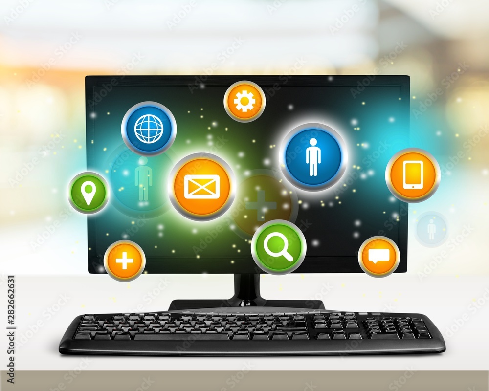 Poster desktop computer and keyboard on background