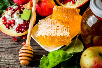 Jewish Autumn Rosh Hashana celebration. Traditional products for the celebration of Rosh Hashanah -...