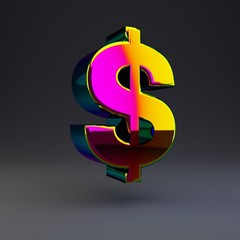 Holographic 3d dollar symbol. Glossy font with multicolor reflections and shadow isolated on black background.
