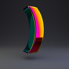 Holographic 3d round bracket symbol. Glossy font with multicolor reflections and shadow isolated on black background.