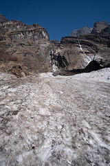 Cruel path,Snow in Himalaya Annapurna mountain base camp, Nepal.