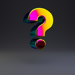Holographic 3d question symbol. Glossy font with multicolor reflections and shadow isolated on black background.