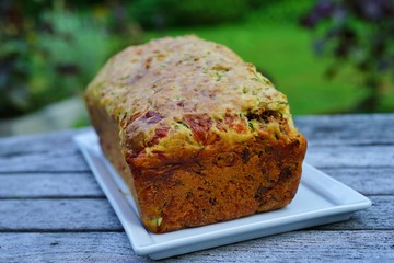 View of a homemade savory zucchini bread with cheese