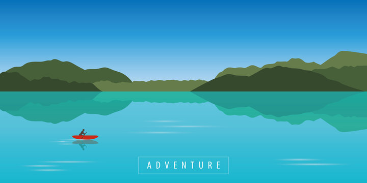 lonely canoeing adventure with red boat on beautiful turquoise lake vector illustration EPS10