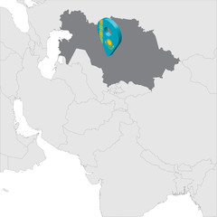 Kazakhstan Location Map on map Asia. 3d Kazakhstan flag map marker location pin. High quality map Republic of Kazakhstan.  Central  Asia. Vector illustration EPS10.