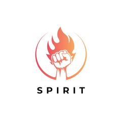 Fist hand with fire flame in the circle logo design template.Spirit illustration symbol