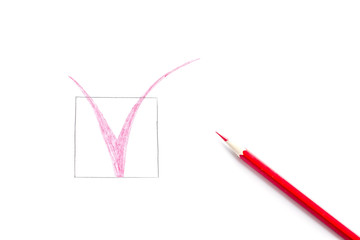 Red tick drawn  with pencil isolated on white background. Top view, flat lay composition