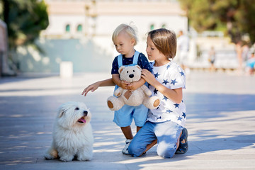 Two cute children, boy brothers, sitting on the ground in the city, baby holding teddy bear, playing together with little white pet dog