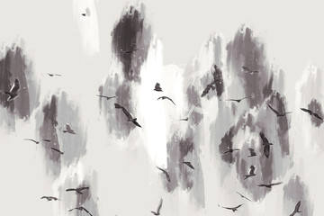 Digital drawing of birds flying on sky, black and white image, birds on white background